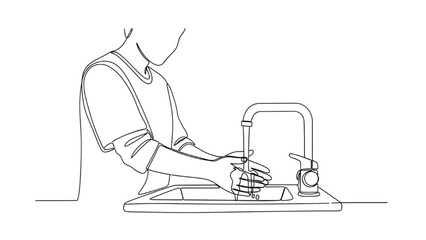 Minimalist Continuous Line Illustration of Person Washing Hands – Hygiene, Health, and Disease Prevention