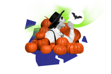 Composite trend artwork collage of halloween autumn season spooky creepy day young guy face mask muertos death day say speech cloud bat