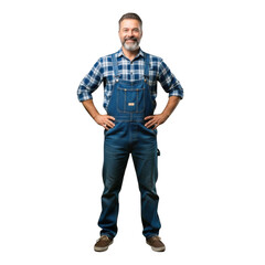 Fototapeta premium A confident middle aged man with a beard and mustache wearing blue denim overalls and a plaid shirt stands with hands on hips isolated on transparent background