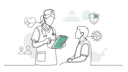 Continuous Line Drawing of Nurse or Doctor Explaining Disease Prevention to Patient, Minimalist Medical Illustration