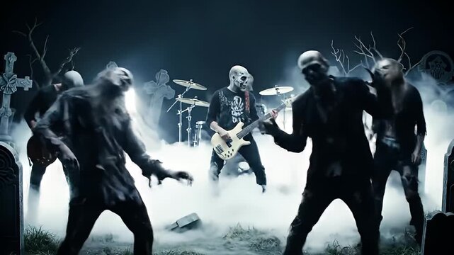 Zombie Band Performing in a Foggy Cemetery with Gravestones and Dramatic Lighting