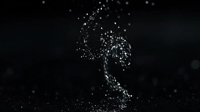 Sparkling water droplets swirling in dark, magical motion
