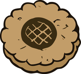 A hand-drawn illustration of a round cookie with a scalloped edge and a chocolate center featuring a lattice pattern.