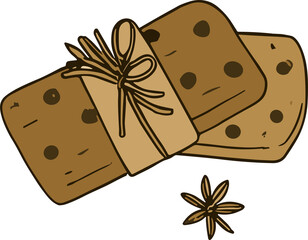 A hand-drawn illustration of spiced cookies tied with string, accompanied by a star anise for a festive, homemade touch.