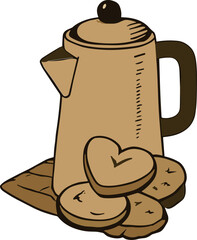 A hand-drawn illustration of a vintage coffee pot with a handle and spout, surrounded by assorted cookies including a heart-shaped one.