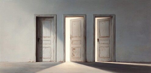 Fototapeta premium Three weathered doors. One ajar, letting in light, standing on concrete floor