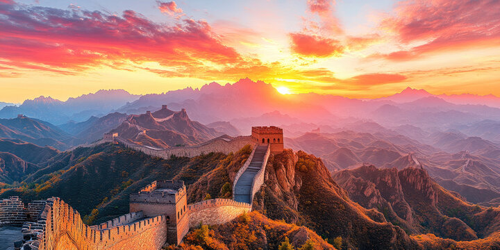 Great Wall of China snaking over lush green mountains under a vivid orange-pink sunset, ancient stone fortifications and watchtowers silhouetted against a dramatic sky