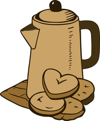A hand-drawn illustration of a vintage coffee pot with a handle and spout, surrounded by assorted cookies including a heart-shaped one.