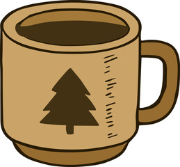 A rustic brown mug decorated with a pine tree silhouette is filled with a dark hot beverage, symbolizing warmth and coziness.