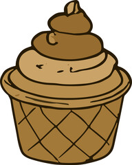 A hand-drawn illustration of a cupcake in a waffle cup topped with swirled frosting and a nut, in a rustic earthy brown palette.