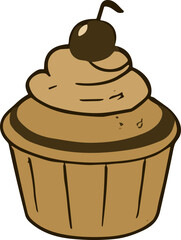A rustic hand-drawn cupcake illustration with creamy frosting topped with a cherry, presented in earthy brown tones.