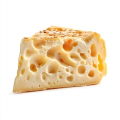 Triangular wedge of swiss cheese with many holes against white background