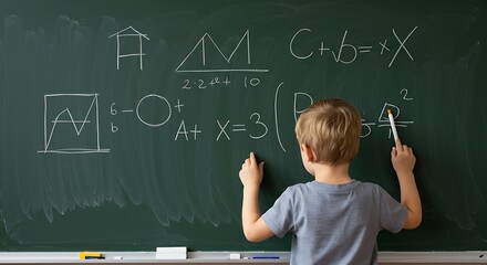 Young student solving math problems on a chalkboard with equations
