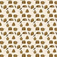 A seamless festive pattern featuring hand-drawn holiday sweets, cookies, cakes, and cupcakes in warm rustic tones on a light background.