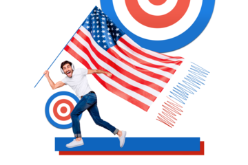 Composite collage image of funny man hold flag national independence america day fourth july concept weird freak bizarre unusual fantasy