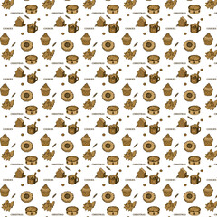 A seamless festive pattern featuring brown Christmas cookies, cupcakes, mugs of cocoa, and gingerbread houses on a beige background, evoking a warm cozy holiday mood.