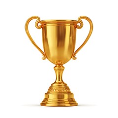 Fototapeta premium A gleaming golden trophy with ornate handles and a detailed base isolated on white background
