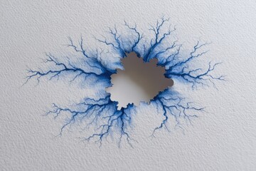 Paper tear with blue fractal pattern radiates outward