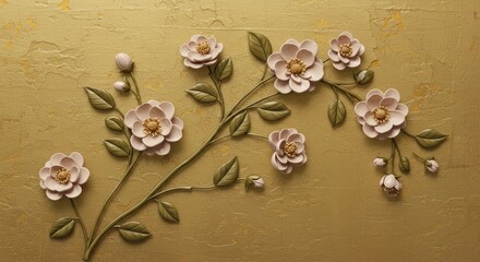 golden 3d floral relief on beige — luxurious embossed flower mural for elegant interior decor