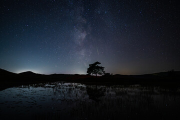 A view of a meteor cutting through the Milky Way over Kelly Hall Tarn in the English Lake District