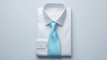 Crisp white dress shirt folded with a bright blue tie, minimalist, top-down view
