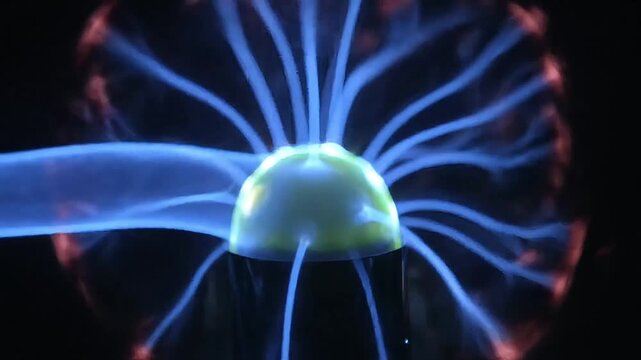 Mesmerizing electric plasma streams emanating from a glowing sphere in the dark.