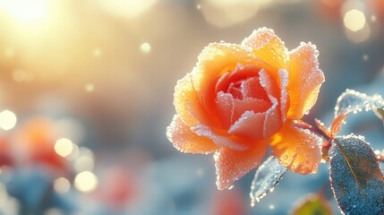 A beautiful orange rose blooms in the soft morning light. Dewdrops cling to the petals and leaves, sparkling like diamonds in a colorful outdoor garden setting