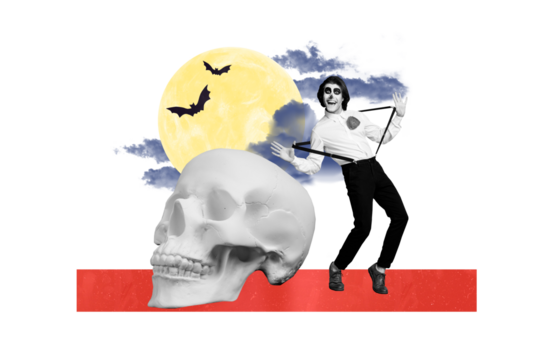 Composite photo collage of crazy mariachi caballero man dance big skeleton head halloween decor party isolated on painted background