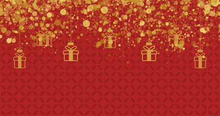 Golden gift box ornaments hanging with sparkling confetti on red patterned background, perfect for holiday, Christmas, and New Year celebration design.