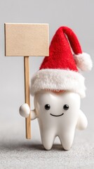 Cute cartoon tooth wearing a Santa hat holding a blank wooden sign on light gray