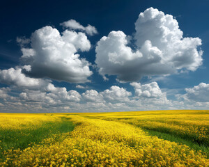 Obraz premium Bright yellow flower field under deep blue sky with large fluffy white clouds creating vibrant and peaceful rural landscape full of natural beauty and calm atmosphere