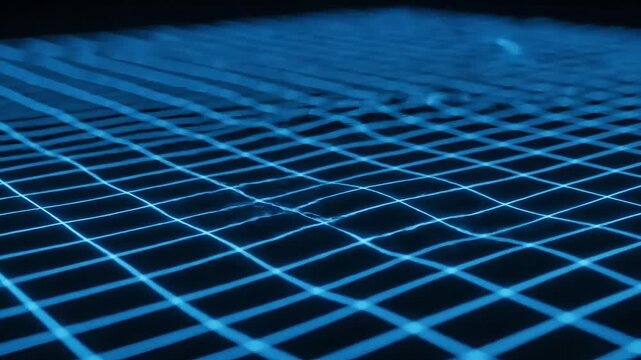 Abstract glowing grid lines create a futuristic digital landscape in the dark.