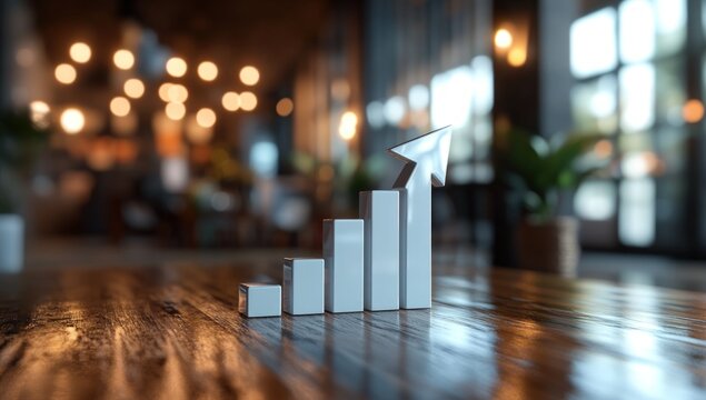 A shiny silver growth chart with an upward arrow stands on a wood table in a blurred cafe