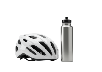 Pristine modern white bicycle helmet and sleek silver metallic water bottle, high-key lit on a transparent seamless studio background at 45-degree elevated angle, concept for e-commerce product