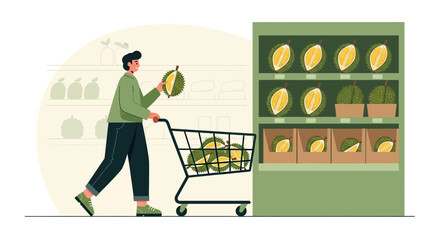 Man buys durian fruit in a supermarket trolley full of tropical fruits selection