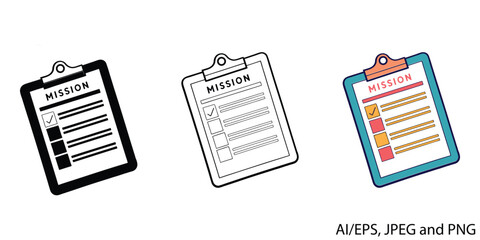 Mission checklist clipboard icons representing tasks goals and objectives vector