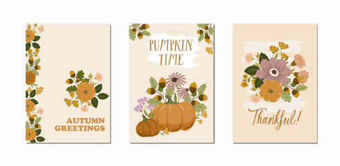 Autumn fall set of cozy hand drawn vector cards, posters and backgrounds. Autumn illustration thanksgiving premade greeting card template.Kitchen set