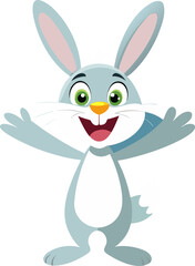 Cheerful cartoon bunny with open arms welcomes viewers with a happy expression
