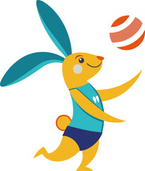 Cheerful cartoon rabbit playing with a striped ball on a white clean background