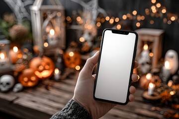 Hand holding smartphone with blank screen in front of spooky Halloween background with pumpkins, candles, skulls, and festive lights. Perfect seasonal mockup