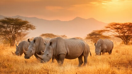 Rhinos in Grassy Field with Trees and Sunset