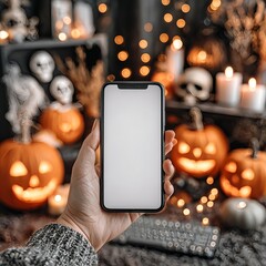 Hand holding smartphone with blank screen in front of Halloween background with pumpkins, candles, skulls, and spooky lights. Perfect festive mockup scene