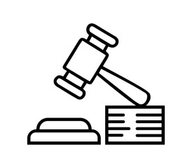 line art icon of a judge s gavel and sounding block. gavel and law book