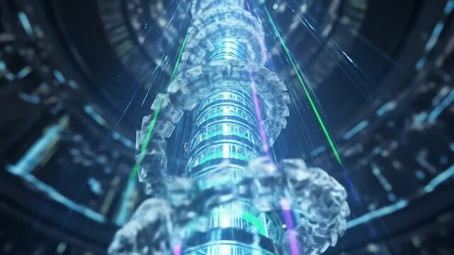Abstract futuristic tower structure emitting vibrant light streams against a dark background