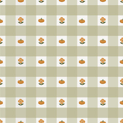 Checkered Seamless pattern print, autumn cozy rustic digital paper with pumpkins and flowers, fabric print vector background, kitchen cottagecore theme