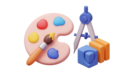 Art and design tools including a paint palette, brush, compass, and geometric shapes isolated on transparent background