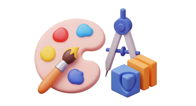 Art and design tools including a paint palette, brush, compass, and geometric shapes isolated on transparent background