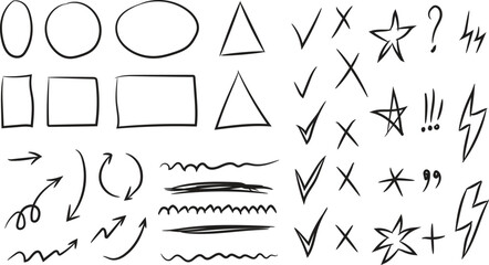 Hand Drawn Shapes Arrows Checkmarks Doodle Symbols Vector Icon Set