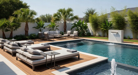 Fototapeta premium A modern backyard with a large swimming pool, wooden terrace with sunbeds, a lounge area with couches, tall plants, and a fountain