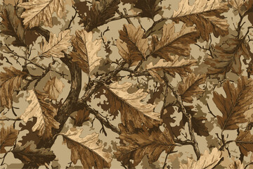 Autumn leaves hunting camouflage design. Seamless pattern. Forest jungle hunting background. Real tree pattern